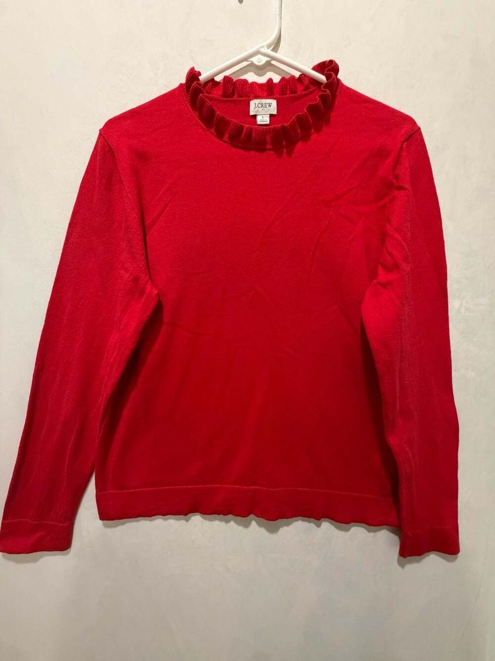 J.Crew Red Ruffled Neck Long Sleeve Top, Size L